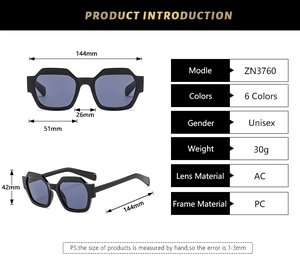Detailed technical drawing of polygon frame sunglasses with specific size measurements