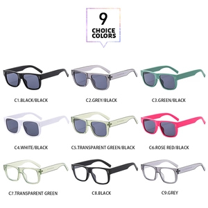 Collage of square retro sunglasses in nine colors with metal rivet details