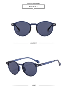 Detail view of oval retro blue sunglasses with metal rivets and specifications on temple