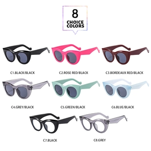 Collage of cat-eye sunglasses in eight color variants with UV protection lenses