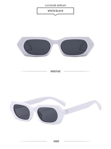 Front and side views of stylish square white geometric sunglasses with black lenses