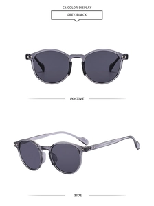 Detail view of oval retro sunglasses featuring translucent grey frames and metal rivets