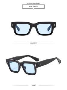 Detail of square black frame sunglasses with blue lenses and silver rectangular rivets
