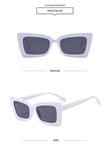 Detail view of white thick frame sunglasses with black lenses from front and side angles