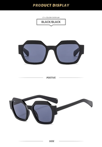 Detailed views of black chunky polygon sunglasses with classic dark grey lenses
