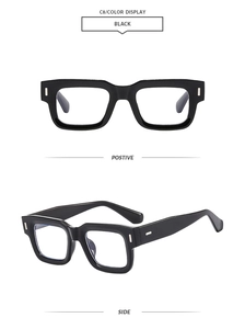 Detail view of black square frame vintage sunglasses with silver rivet accents and bold design