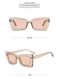 Front and side views of light brown square sunglasses with transparent resin frames
