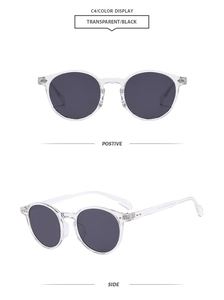 Detail view of oval vintage sunglasses featuring transparent frames and black lenses