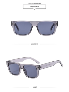 Macro detail of classic square frame sunglasses with grey transparent finish and side view