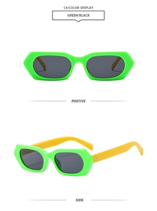 Front and side view of green square sunglasses with yellow temples and metal studs