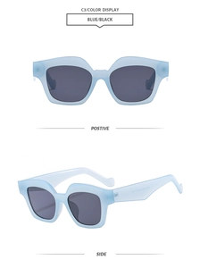 Detail view of square frame sunglasses in matte blue resin with dark grey lenses
