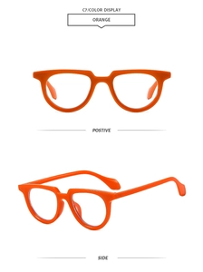 Detailed front and side views of chunky orange oval sunglasses with glossy finish