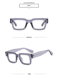 Detail view of transparent grey square frame sunglasses from front and side angles
