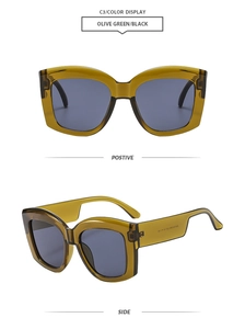 Close-up of olive green oversized sunglasses showing front and side views of wide temples