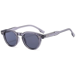 Oversized grey-purple translucent sunglasses with round dark lenses and UV protection
