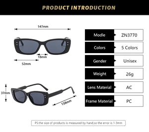 Detailed size chart of vintage square sunglasses with PC frame and AC lens dimensions