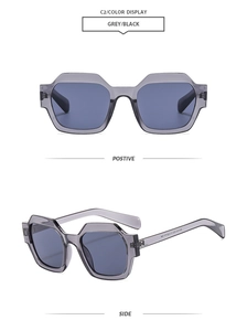 Detailed front and side views of polygon geometric sunglasses in transparent grey
