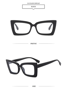 Front and side view of chic black thick-frame square cat-eye sunglasses with glossy finish
