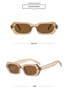 Detail view of brown square sunglasses with vintage rivet accents on transparent frames