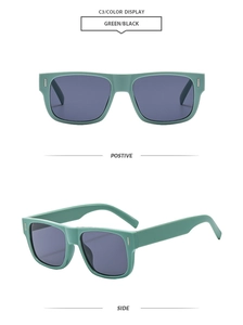 Detail view of matte green square sunglasses with golden rivets and black lenses