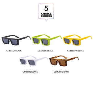 Detailed view of square chunky sunglasses available in black, white, green, yellow, and tortoiseshell