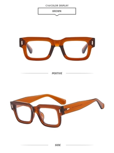 Detailed views of brown retro square glasses frame with silver rectangle metal accents