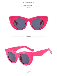 Detailed views of rose red cat eye sunglasses with black lenses and high gloss finish