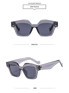 Detailed front and side view of grey square frame sunglasses with dark lenses