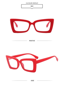 Detail view of red square sunglasses featuring positive and side profile display