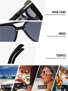 Detail of square pilot sunglasses showing reinforced hinges and comfort nose pads