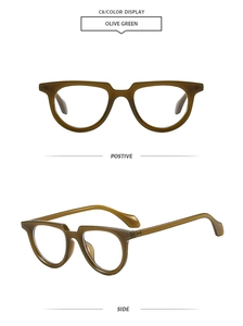 Detail of oval olive green retro sunglasses frames showing front and side perspectives