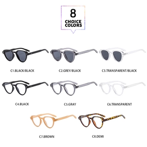 Matrix display of 8 colors of retro small frame sunglasses in various stylish finishes