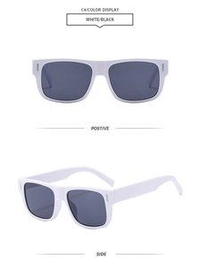 Detailed views of white square sunglasses with dark lenses and gold metal accents