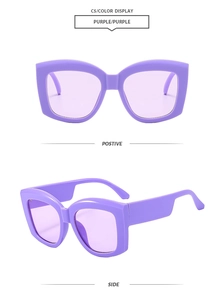 Front and side views of purple oversized square sunglasses with tinted lenses
