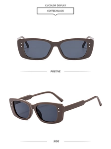 Detail view of coffee square retro sunglasses with metal accents and dark lenses