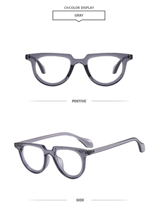 Detail view of transparent gray oval frames with wide non-slip temples for stable wear