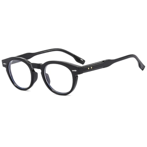 Classic retro black oval eyeglasses with silver metal rivets and clear lenses on white background