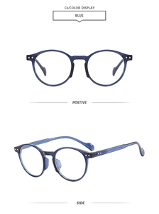 Detailed front and side views of blue oval eyewear frames with metal rivet accents