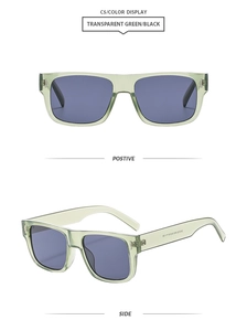Detail view of transparent green rectangular sunglasses showing front and side temple specs