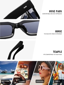 Detail view of square frame sunglasses with metal hinges and outdoor lifestyle scenes