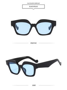 Front and side detail of black square frame sunglasses with light blue lenses