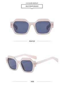 Detailed front and side view of jelly white hexagonal sunglasses with dark grey lenses