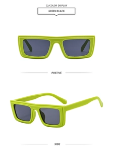 Front and side view of rectangular green sunglasses with thick frames and black lenses