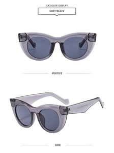 Close-up of cat-eye sunglasses featuring transparent grey frames and black lenses