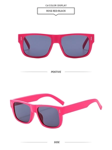 Detail view of rose red square sunglasses with silver metal accents and black lenses