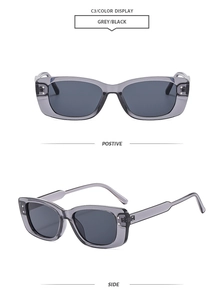Detail view of vintage rectangular grey sunglasses with dark lenses and durable frame