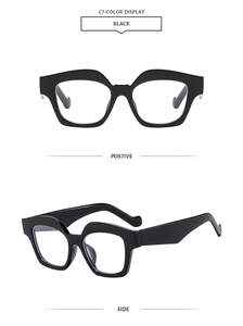 Front and side views of chunky black irregular geometric square frame sunglasses