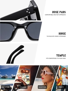 Macro detail of black acetate sunglasses frame with classic triple dot rivets and dark lenses