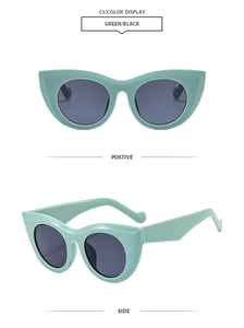 Detail view of retro mint green cat-eye sunglasses with dark lenses from front and side