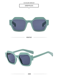 Detailed front and side view of olive green polygon sunglasses with dark grey lenses